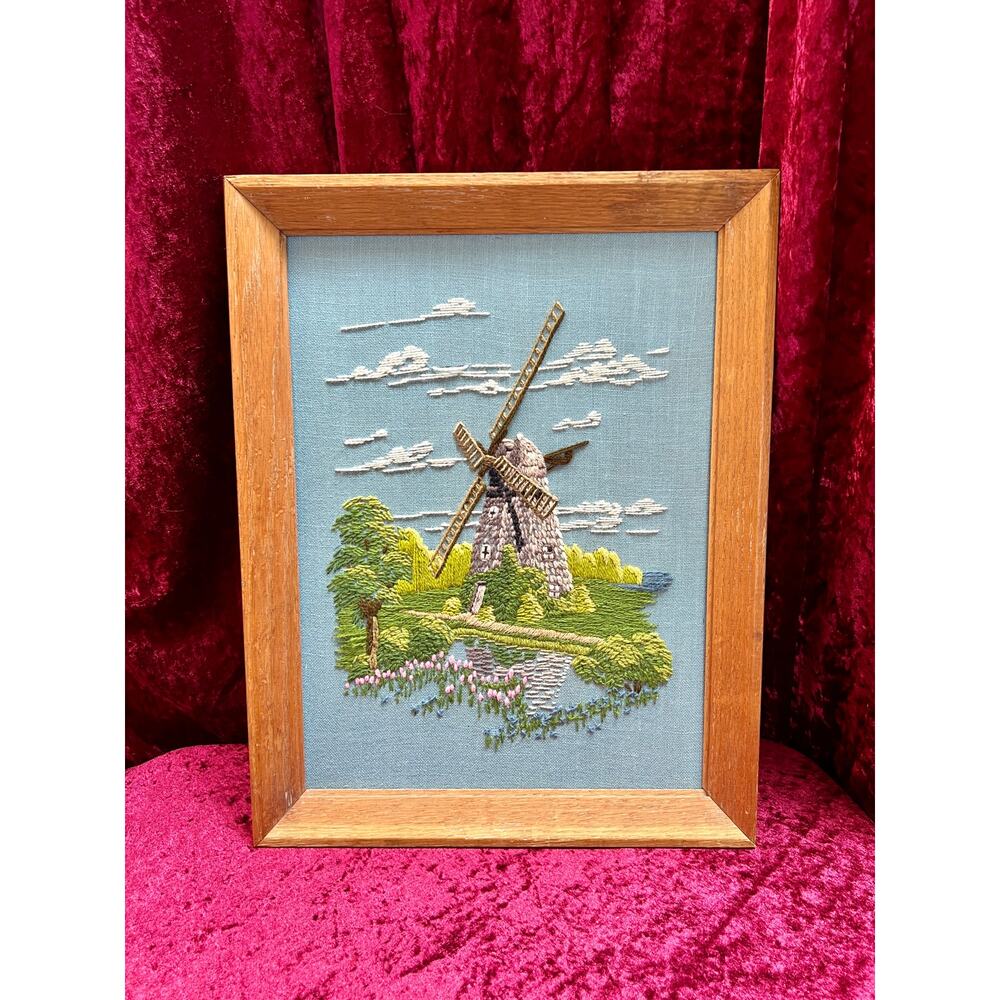 Vintage Wall Decor  Framed Embroidery Art Southampton Petticoat Windmill Crewel